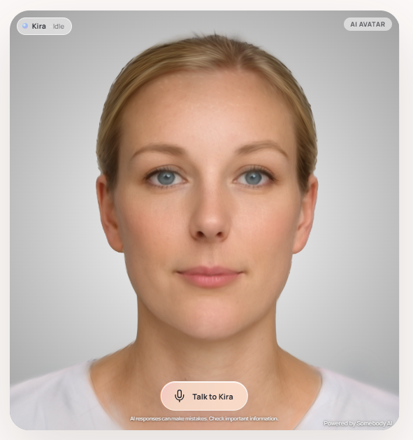 The Somebody AI player showing Kira, a photorealistic AI avatar, with a Talk to Kira microphone button.